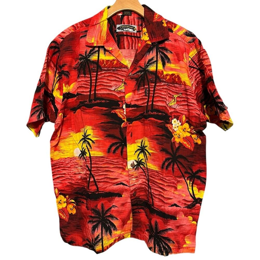 Palmwave Hawaii Vintage Mens Sz XL Red Tropical Sunset Palm Tree Hawaiian Shirt